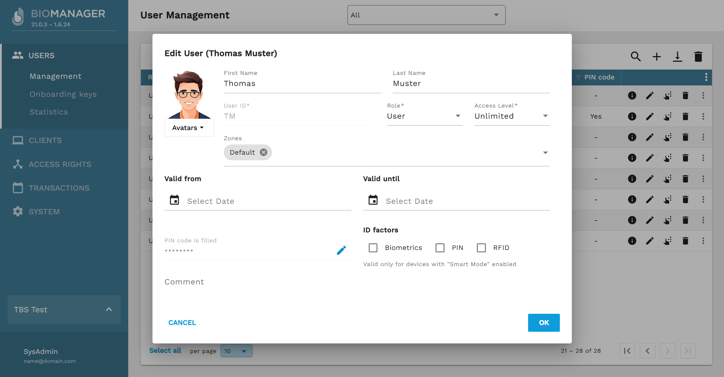 BME User Edit 21.0.3 TM PIN